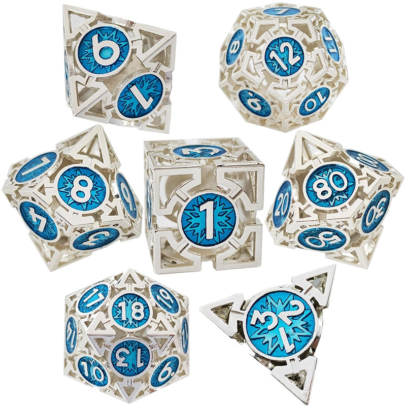 Silver Frost Dragon's Sigil Arrow Hollow Metal DND Dice Set - Silver Blue