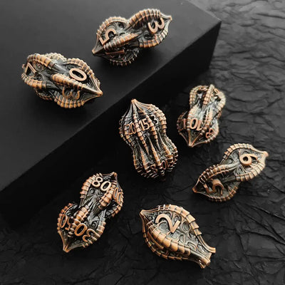 Elder Dragon Shell Metal Dice Set – Unique Peanut Shaped Polyhedral Dice for DnD (D4 D6 D8 D10 D12 D20)