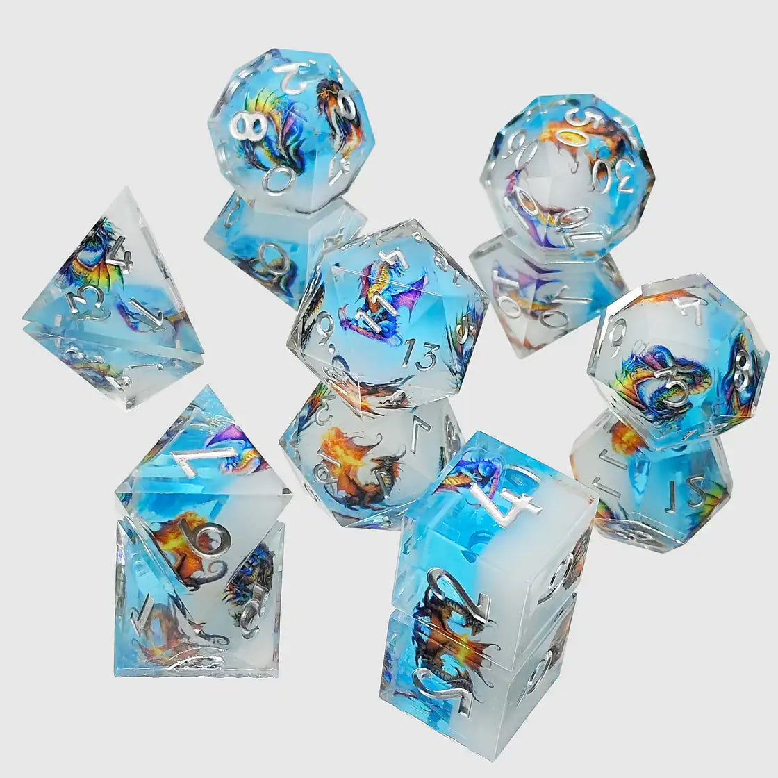 Sharp Edge Resin Dice Set – Dragon Engraved Polyhedral Dice for DnD (D4 D6 D8 D10 D12 D20)