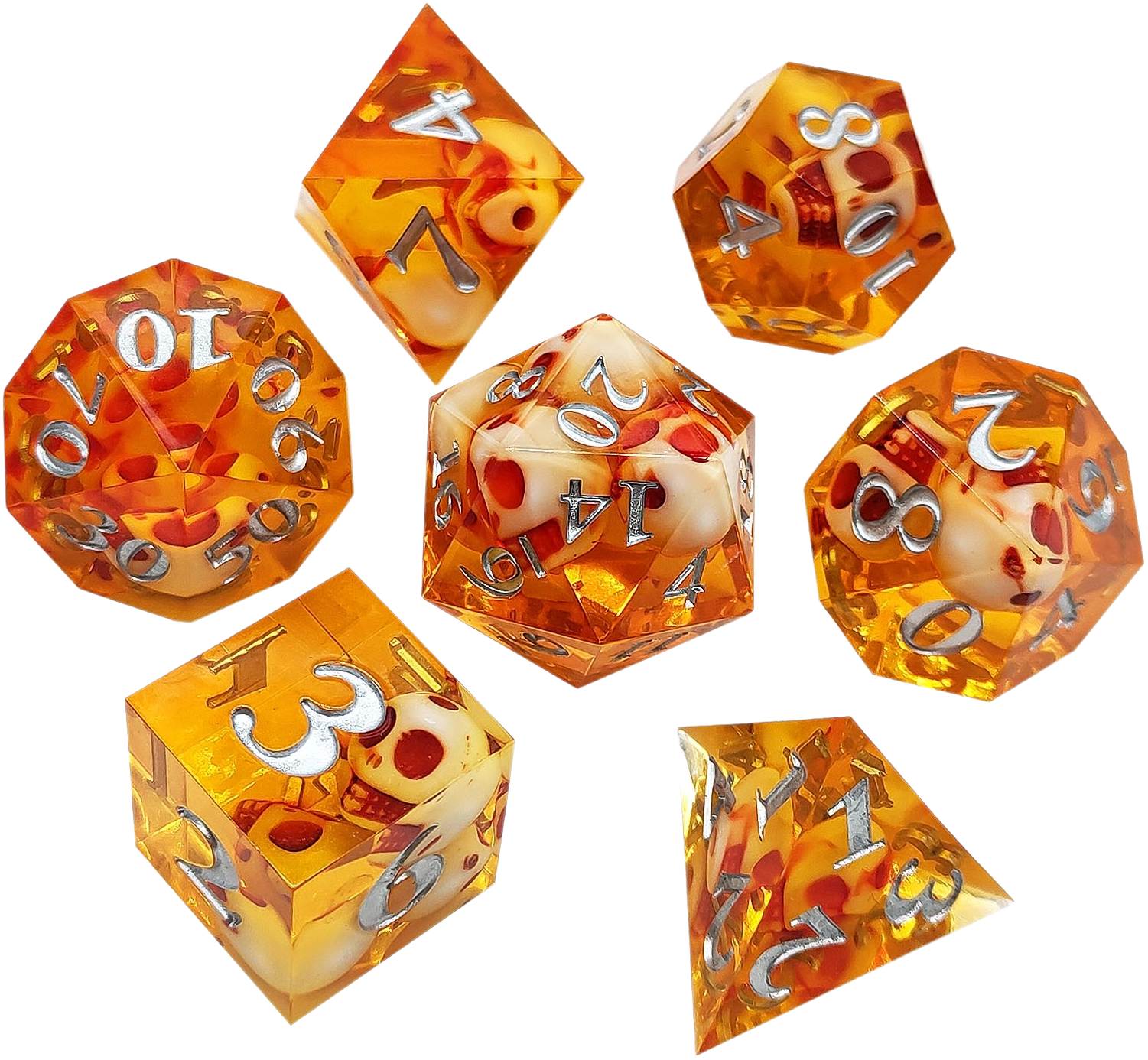 Cursed Skull Amber Clarity Sharp Edged Resin Dice Set - Amber Transparent