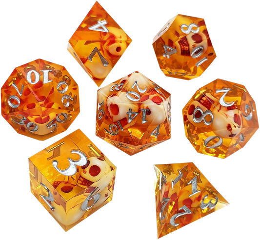 Cursed Skull Amber Clarity Sharp Edged Resin Dice Set - Amber Transparent