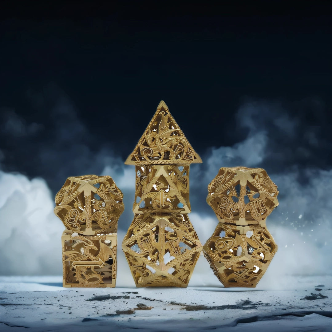 Golden Dragon Hoard Hollow Metal Dice Set - Gold