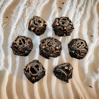 The Sphere of Scaled Fates Rounded Edge Dragon Dice Hollow Metal DND Dice Set Smooth Edged Dice Elven Dice - Bronze