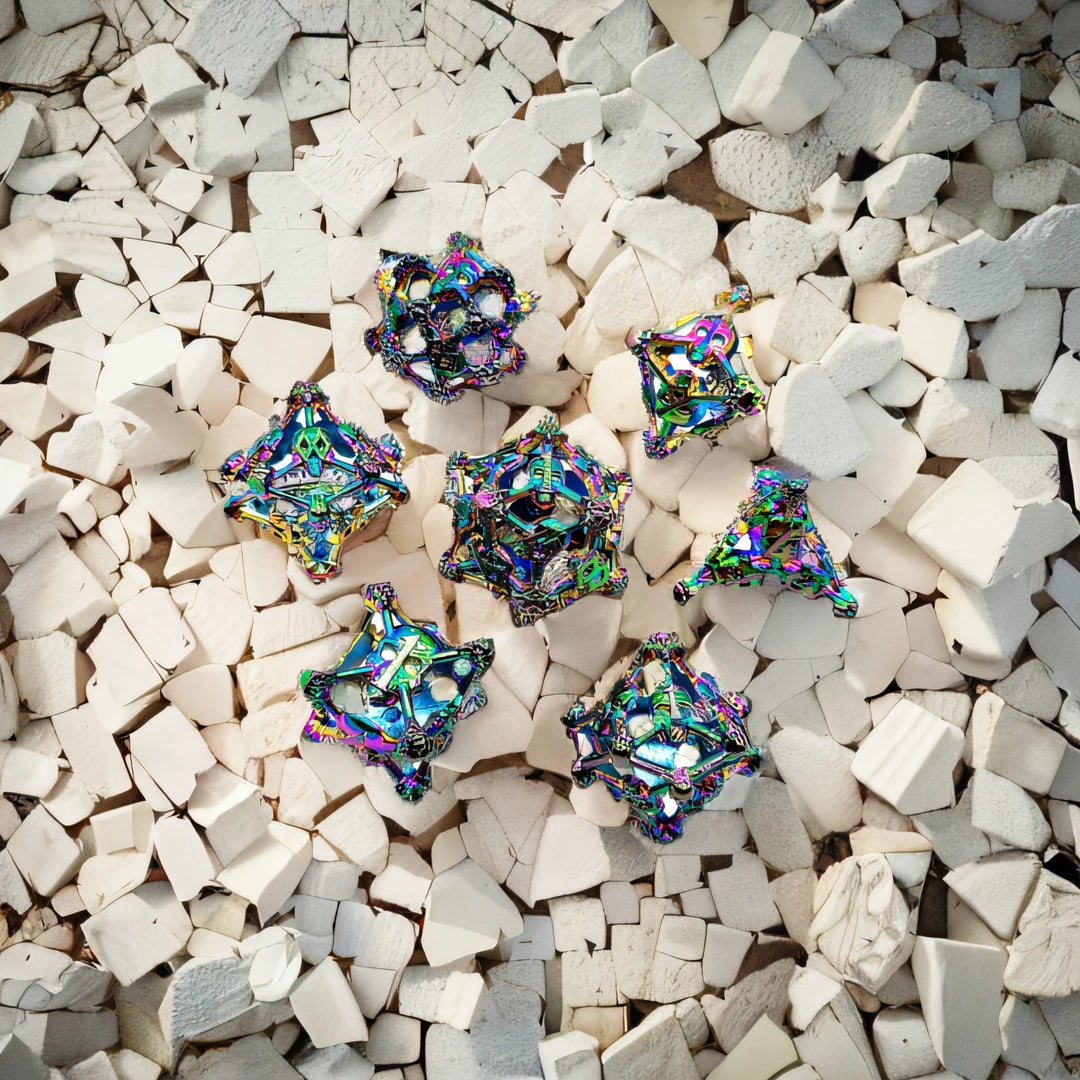 Chromatic Bone Skull Hollow Metal DND Dice Set - Colorful