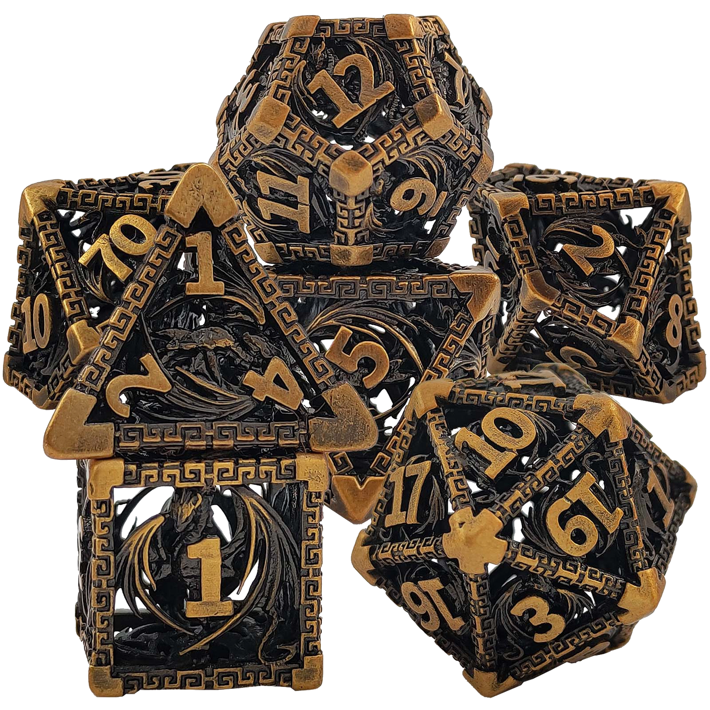 Scarlet Wyrm Emberclaw Artisan Hollow Metal DND Dice Set - Bronze