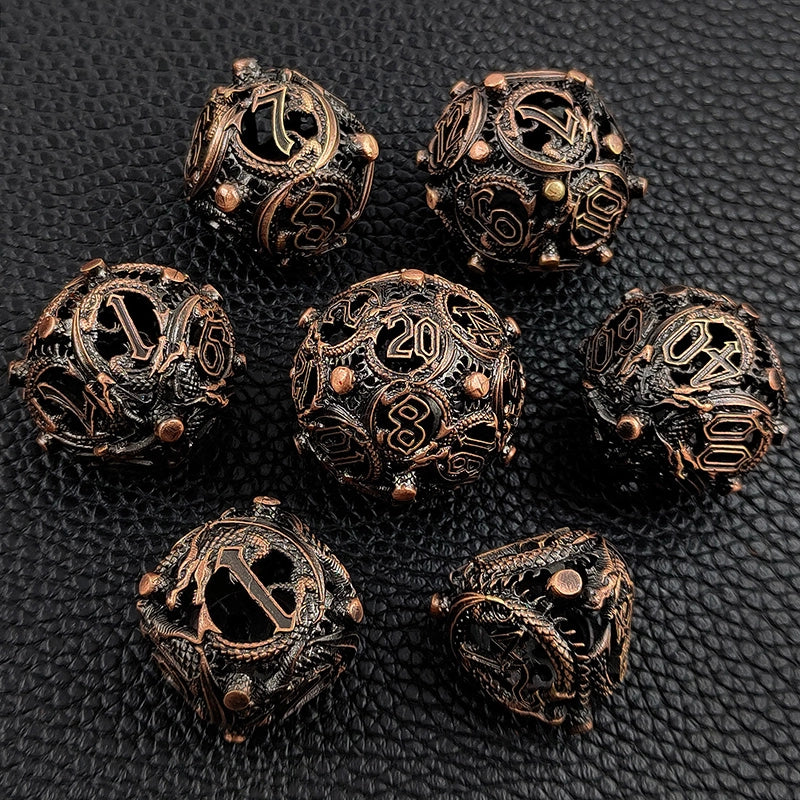 The Sphere of Scaled Fates Rounded Edge Dragon Dice Hollow Metal DND Dice Set Smooth Edged Dice Elven Dice - Bronze