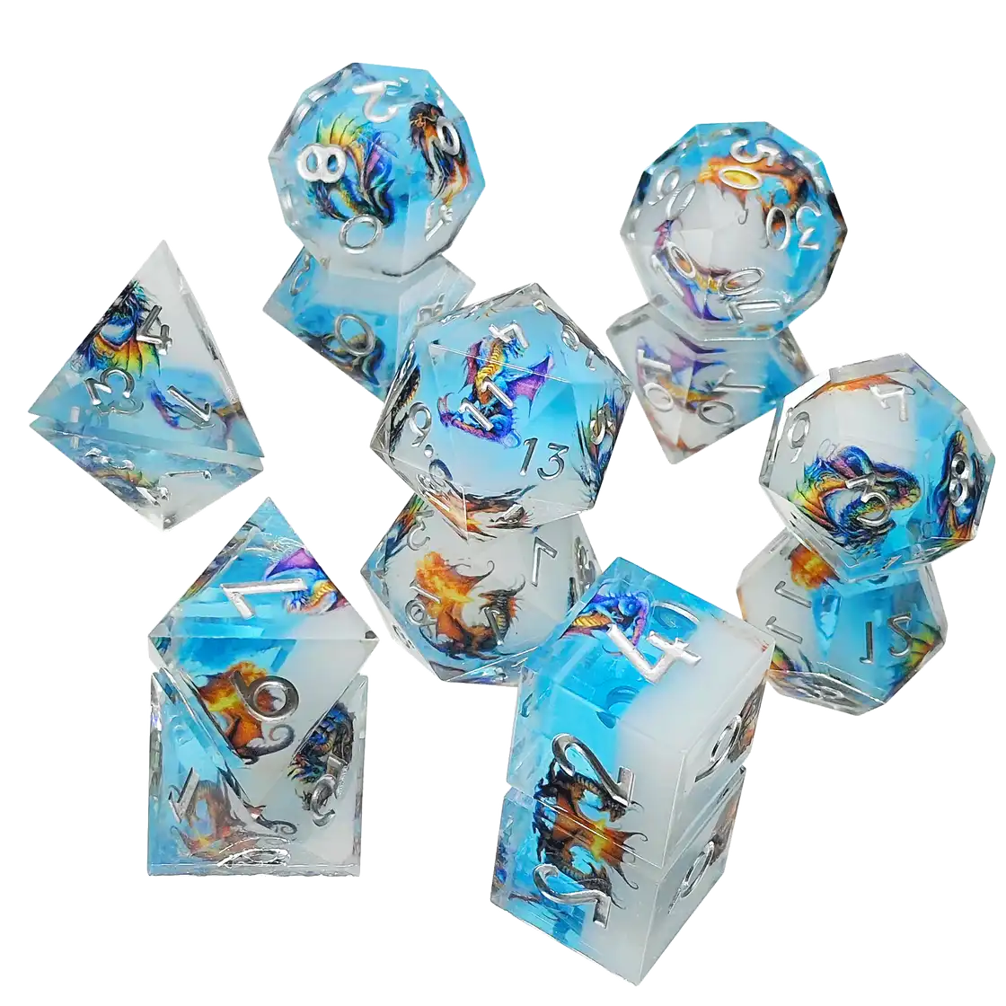 Sharp Edge Resin Dice Set – Dragon Engraved Polyhedral Dice for DnD (D4 D6 D8 D10 D12 D20)
