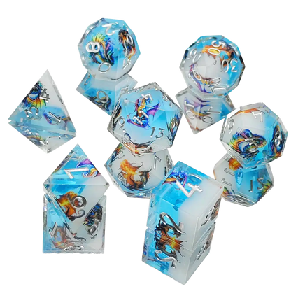 Sharp Edge Resin Dice Set – Dragon Engraved Polyhedral Dice for DnD (D4 D6 D8 D10 D12 D20)