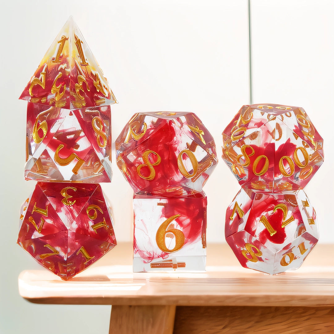 Crimson Swirl Translucence Sharp Edged Resin Dice Set - Transparent