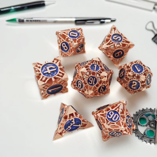 Copper Flame Arrow Hollow Metal DND Dice Set - Copper red