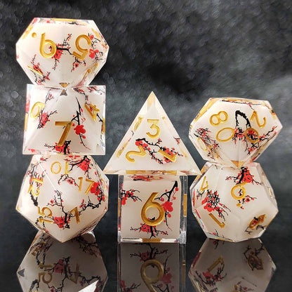 Blossom Resonance Resin White Dice Set - Plum Blossom DnD Dice Set