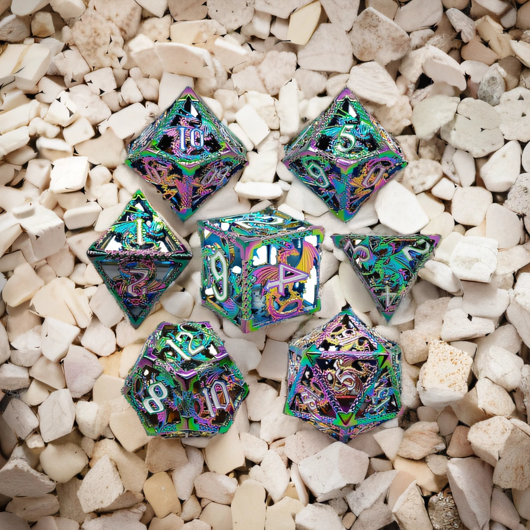 Dragonfire Alloy Hollow Metal DND Dice Set - Green Purple