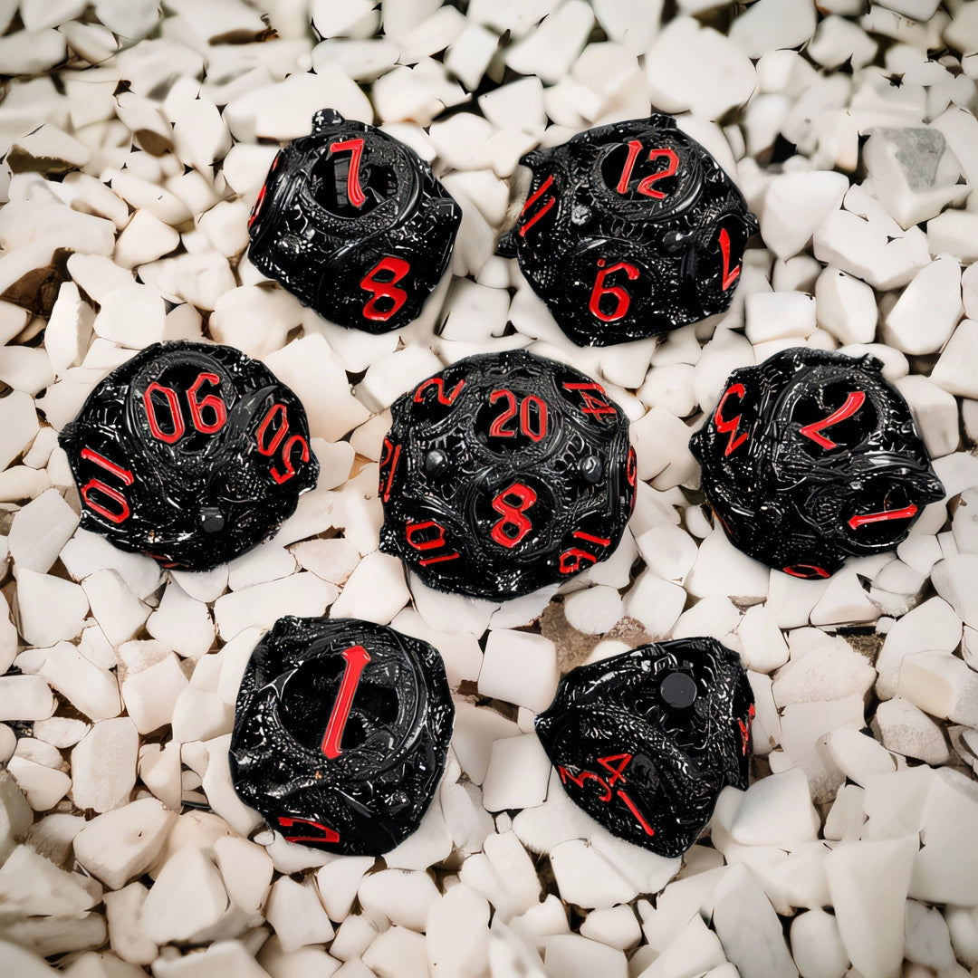 Crimson Drake Spheroids Rounded Edge Dragon Dice Hollow Metal DND Dice Set Smooth Edged Dice Elven Dice - Black