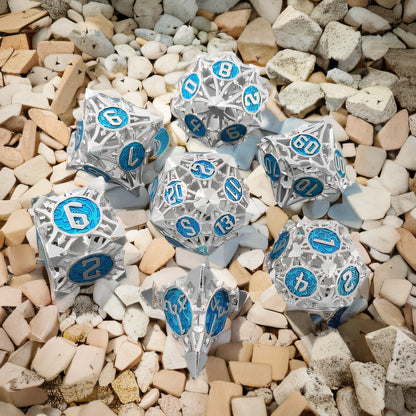 Silver Frost Arrow Hollow Metal DND Dice Set - Silver Blue