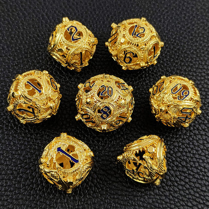 Chronicles of the Arcane Wyrm Rounded Edge Dragon Dice Hollow Metal DND Dice Set Smooth Edged Dice Elven Dice - Golden