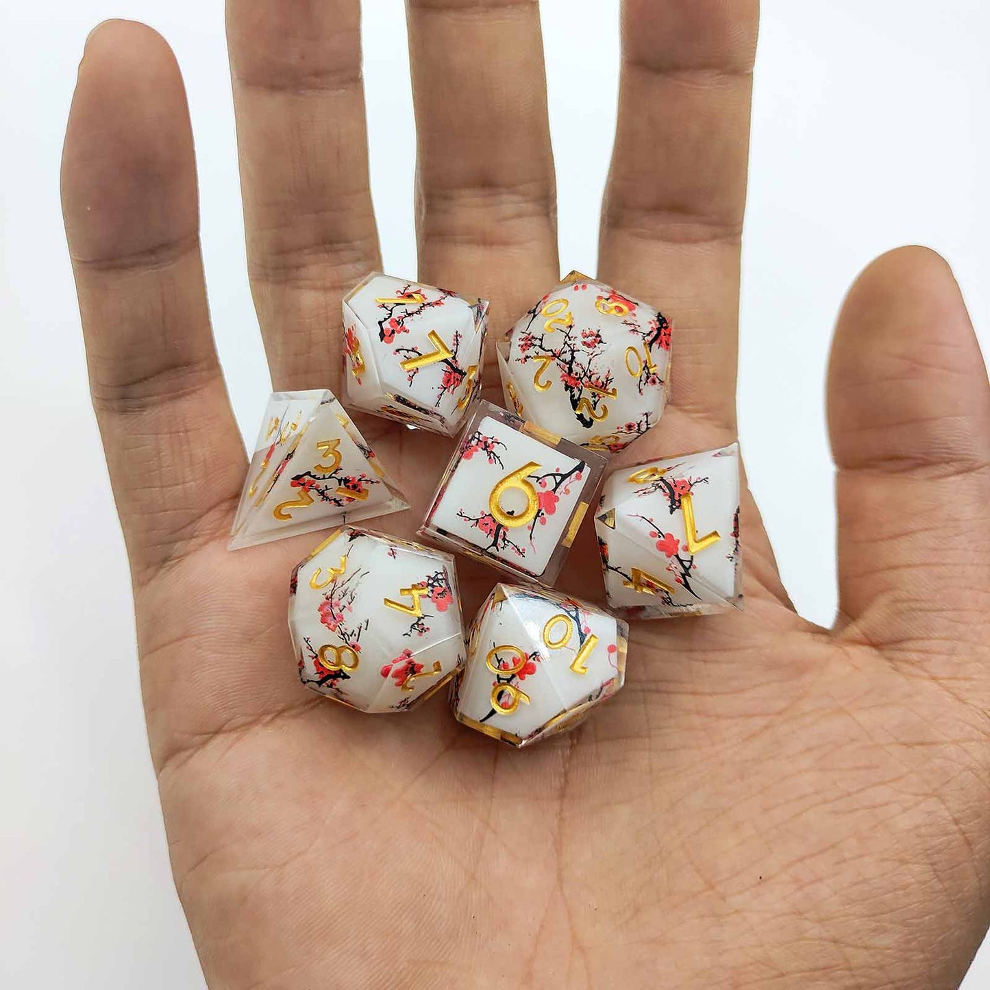 Blossom Resonance Resin White Dice Set - Plum Blossom DnD Dice Set