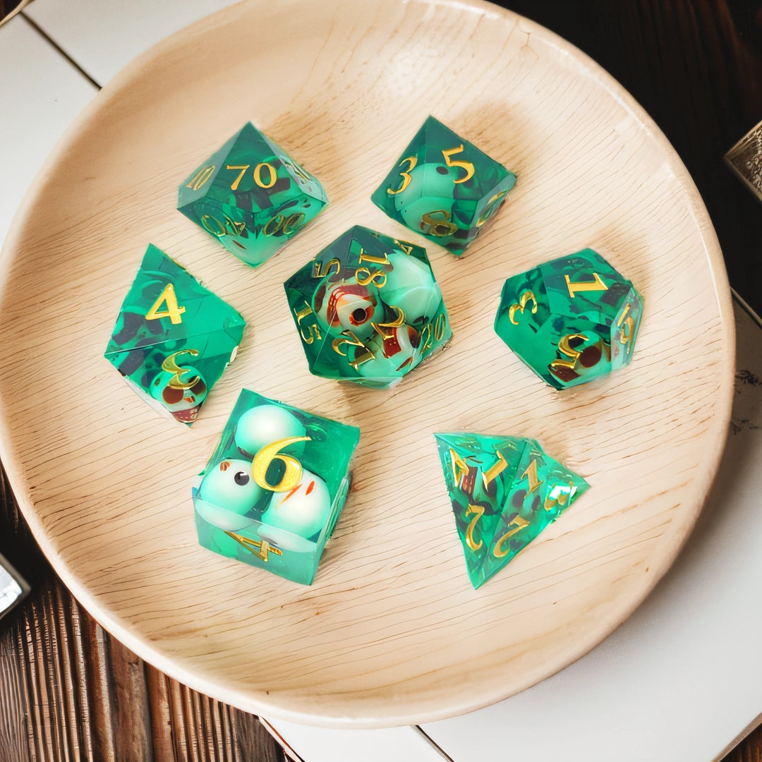 Spectral Skulls Sharp Edged Resin Dice Set - Green Transparent