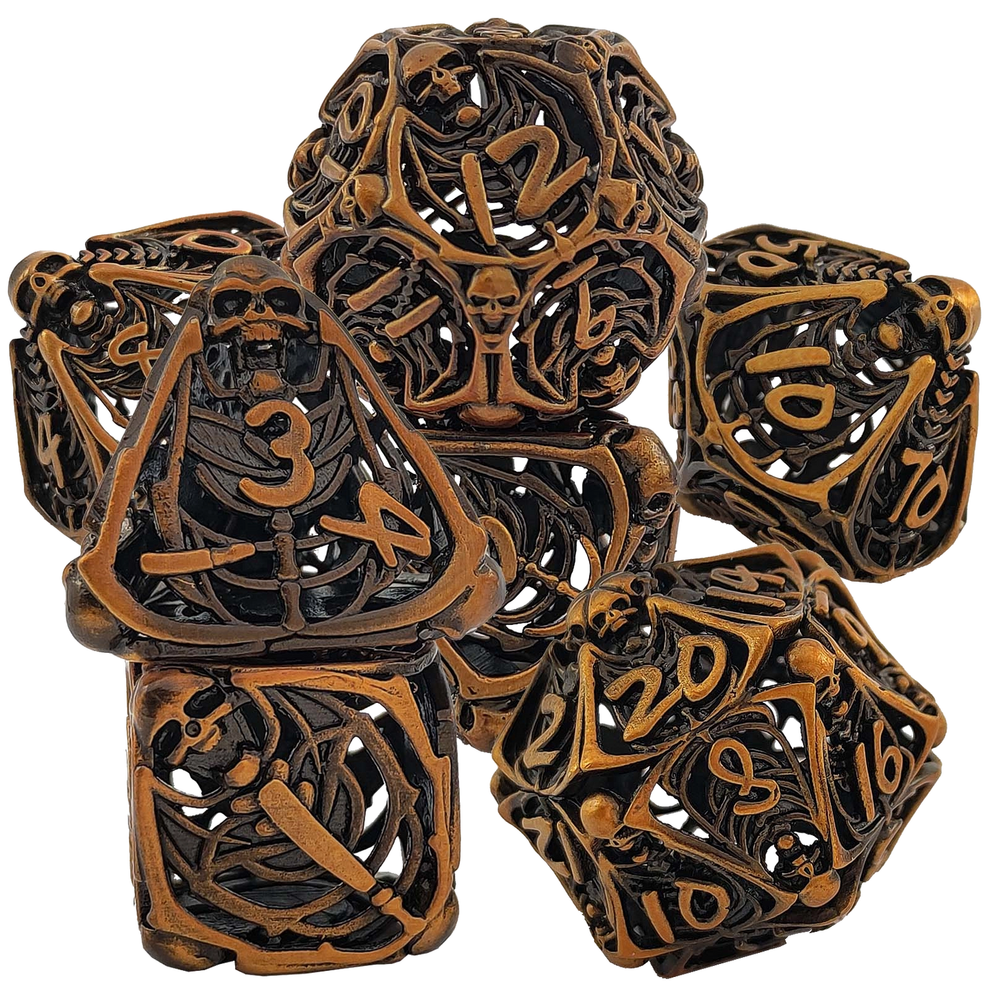 The Spectral Necromancer's Geomancy Rounded Edge Dragon Dice Hollow Metal DND Dice Set Smooth Edged Dice Elven Dice - Bronze