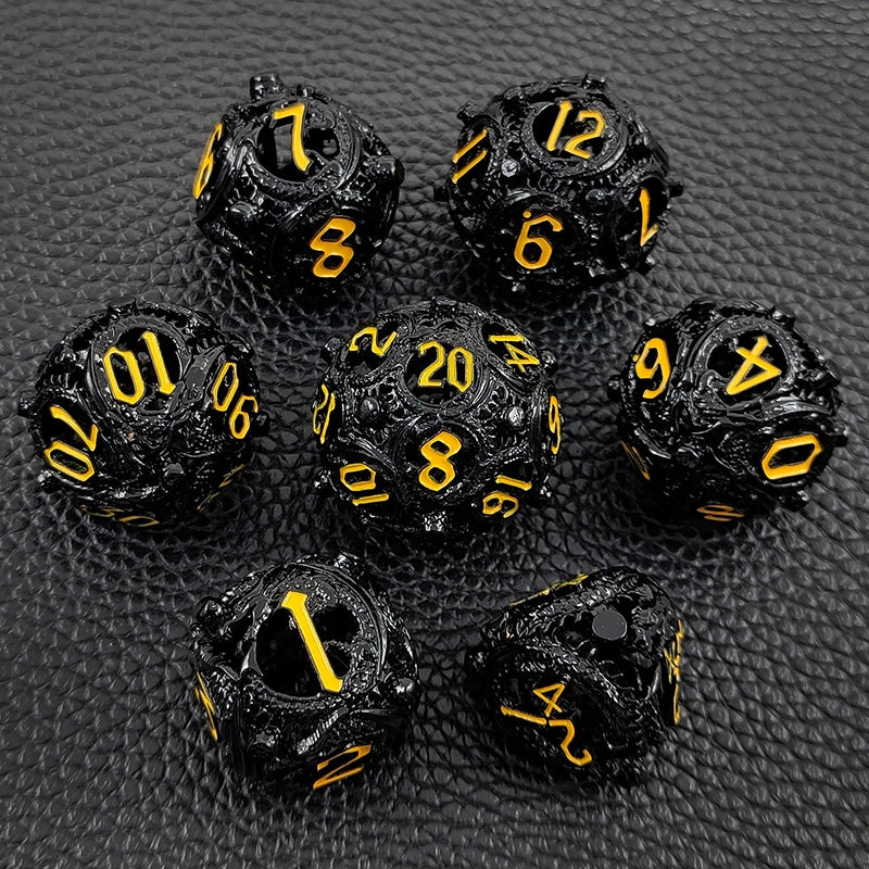 The Draconic Orbis Rounded Edge Dragon Dice Hollow Metal DND Dice Set Smooth Edged Dice Elven Dice - Black