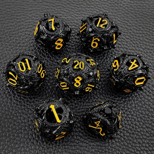 The Draconic Orbis Rounded Edge Dragon Dice Hollow Metal DND Dice Set Smooth Edged Dice Elven Dice - Black