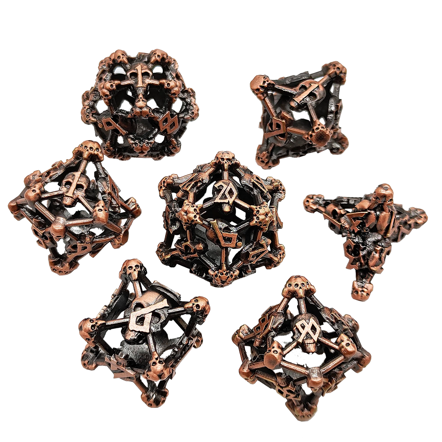 Shadowed Skull Hollow Metal DND Dice Set - Bronze