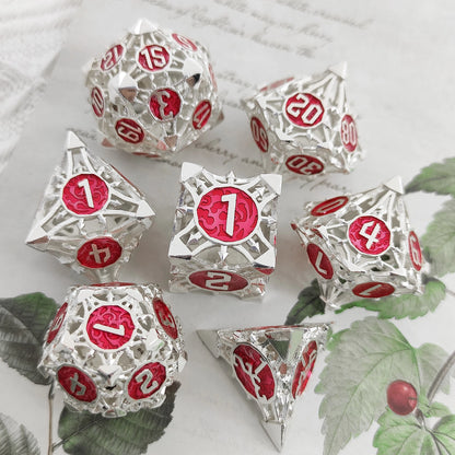 Silver Serpent Ruby Disc Hollow Metal DND Dice Set - Silver