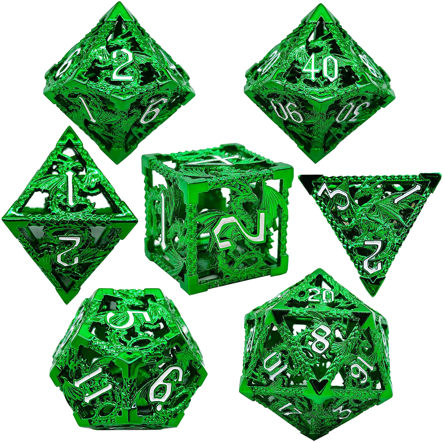 Emerald Serpent Gleam Hollow Metal DND Dice Set - Green