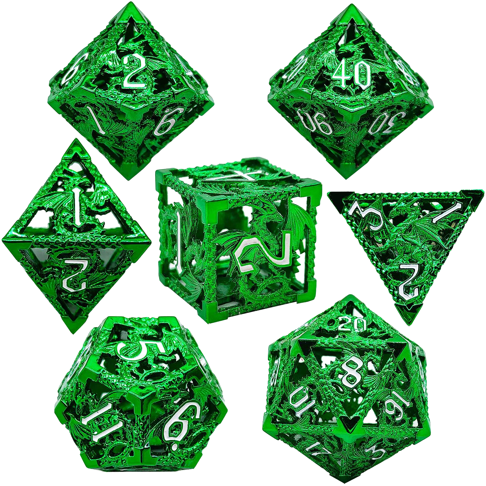 Emerald Serpent Gleam Hollow Metal DND Dice Set - Green