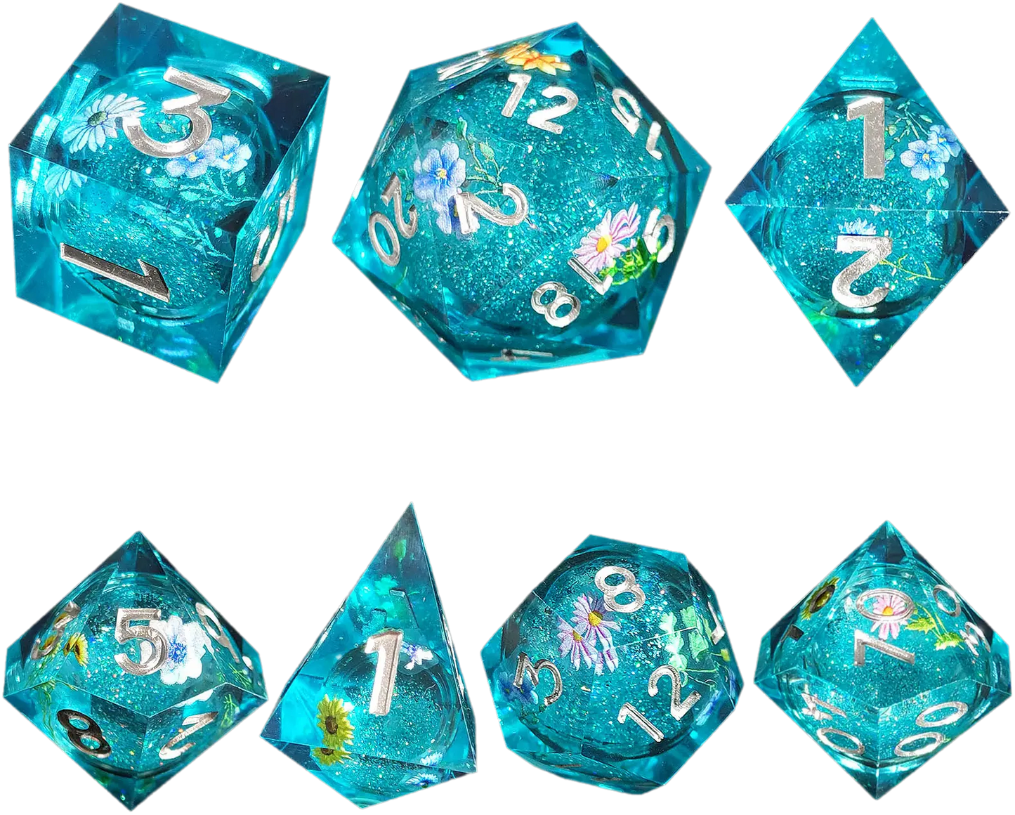 Floral Fantasy Azure Sand Sharp-Edged Resin Dice Liquid Core Dice-Flower Core Dice