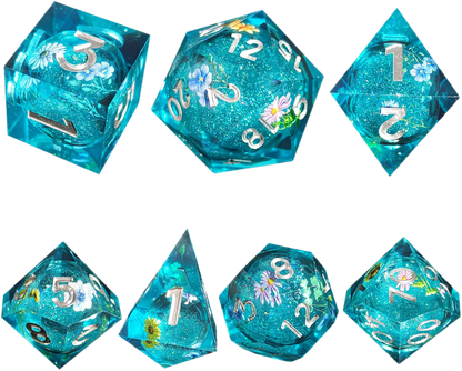 Floral Fantasy Azure Sand Sharp-Edged Resin Dice Liquid Core Dice-Flower Core Dice