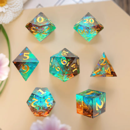 Verdant Depths Sharp Edged Resin Dice Set - Bronze Transparent