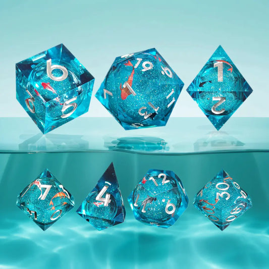 Celestial Koi Azure Sand Sharp-Edged Resin Dice Liquid Core Dice-Fish Core Dice