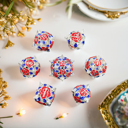 Enchanted Canopy Rounded Edge Dragon Dice Hollow Metal DND Dice Set Smooth Edged Dice Elven Dice - Silver Red Blue