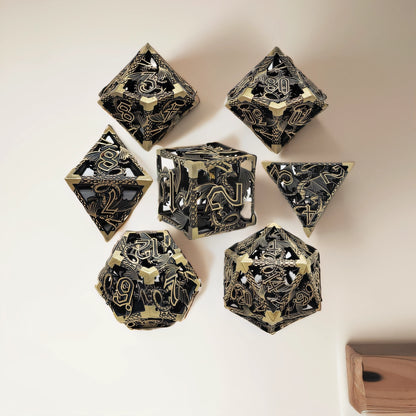 Gilded Nightshade Hollow Metal DND Dice Set - Brass Yellow Black