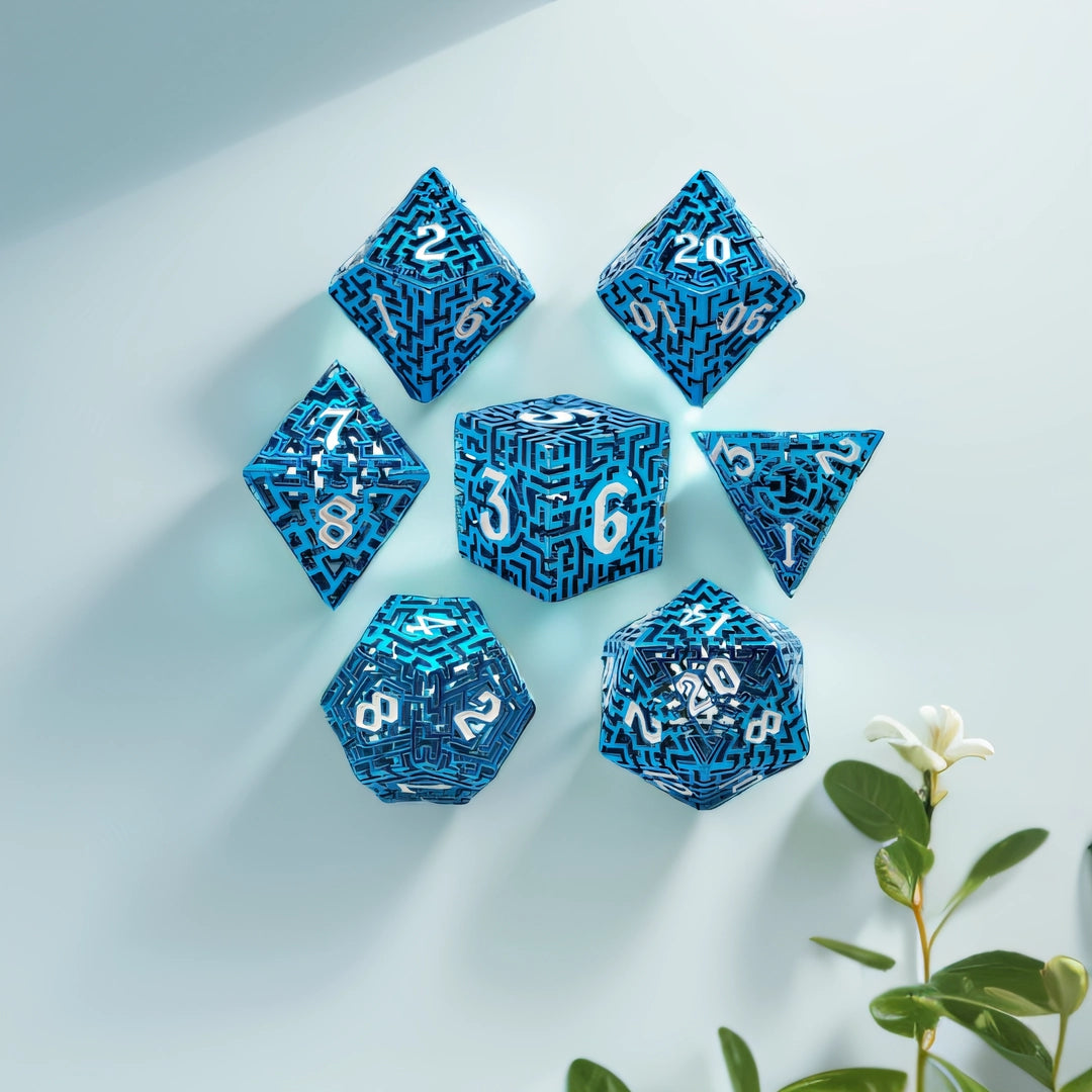 Azure Maze Forge Hollow Metal DND Dice Set - Blue