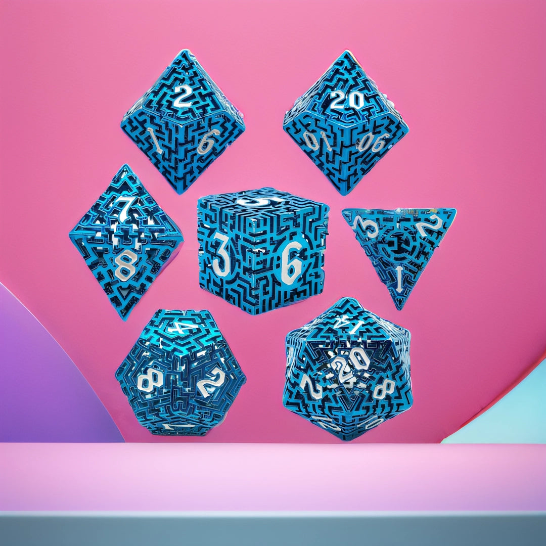 Azure Maze Forge Blue Hollow Metal DND Dice Set