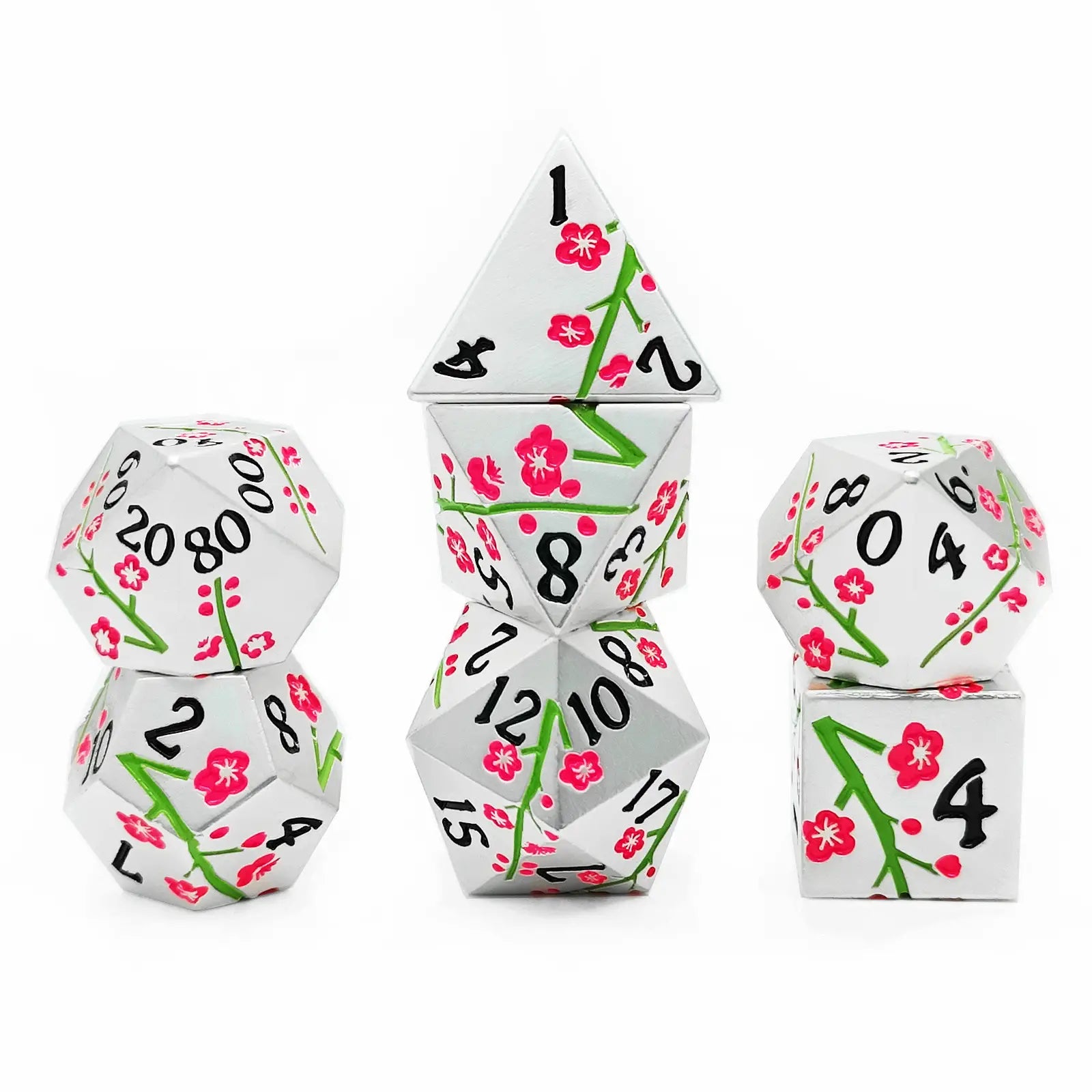 Dual Floral Metal DND Dice Set – Rose & Plum Blossom Artistry in Premium Zinc Alloy