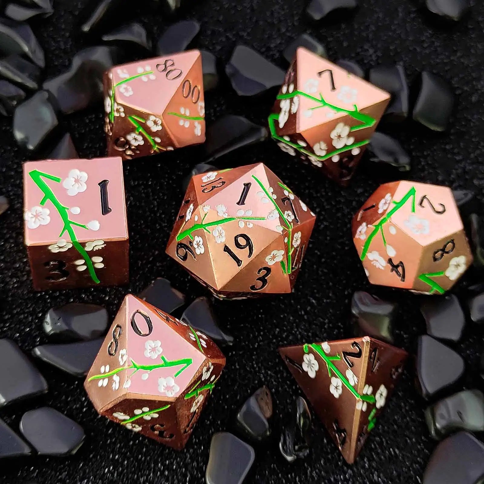 Dual Floral Metal DND Dice Set – Rose & Plum Blossom Artistry in Premium Zinc Alloy