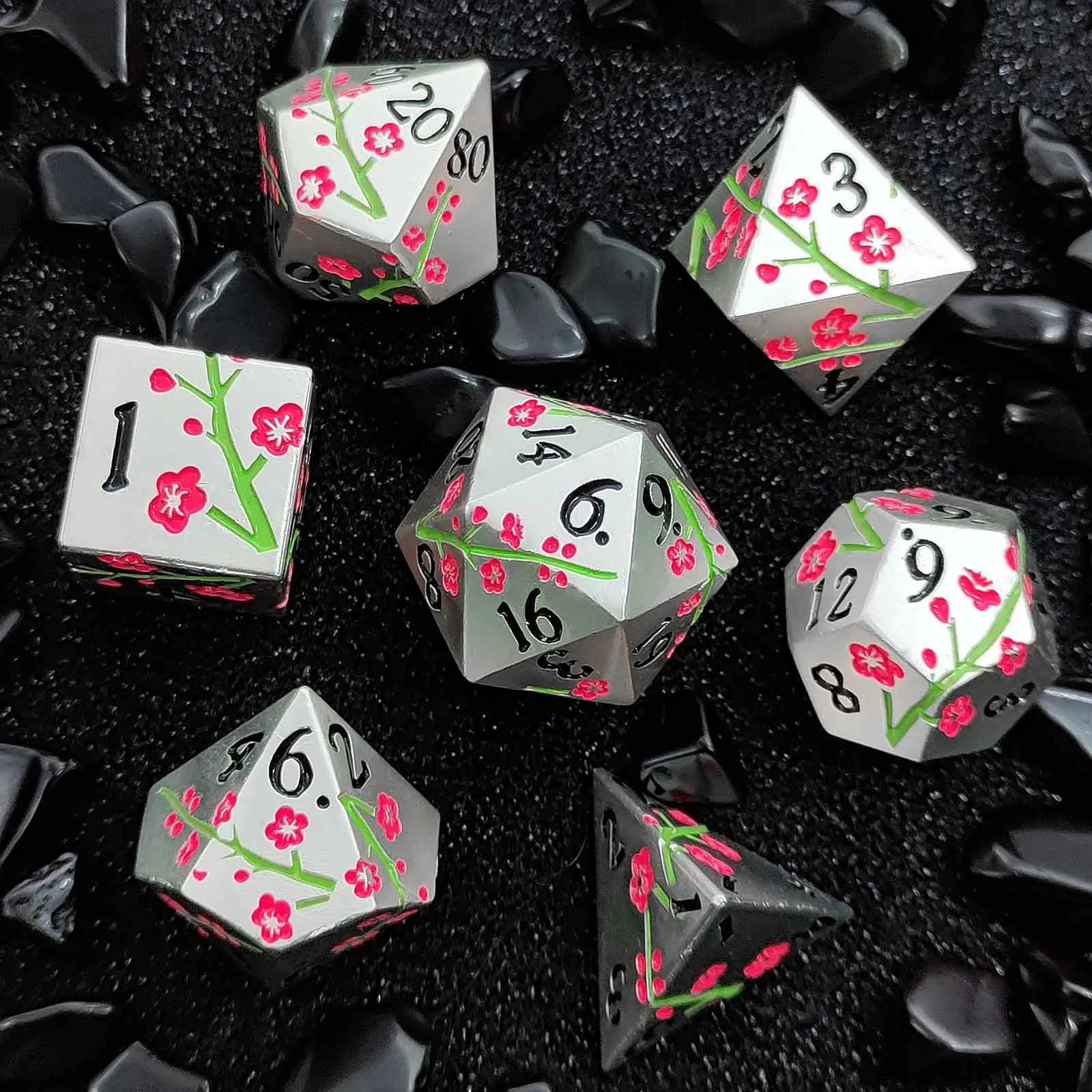 Dual Floral Metal DND Dice Set – Rose & Plum Blossom Artistry in Premium Zinc Alloy