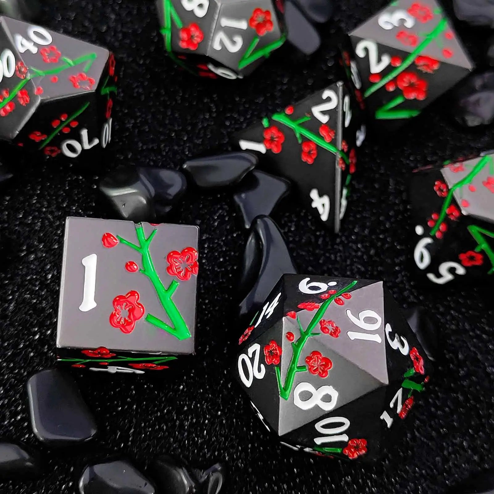 Dual Floral Metal DND Dice Set – Rose & Plum Blossom Artistry in Premium Zinc Alloy