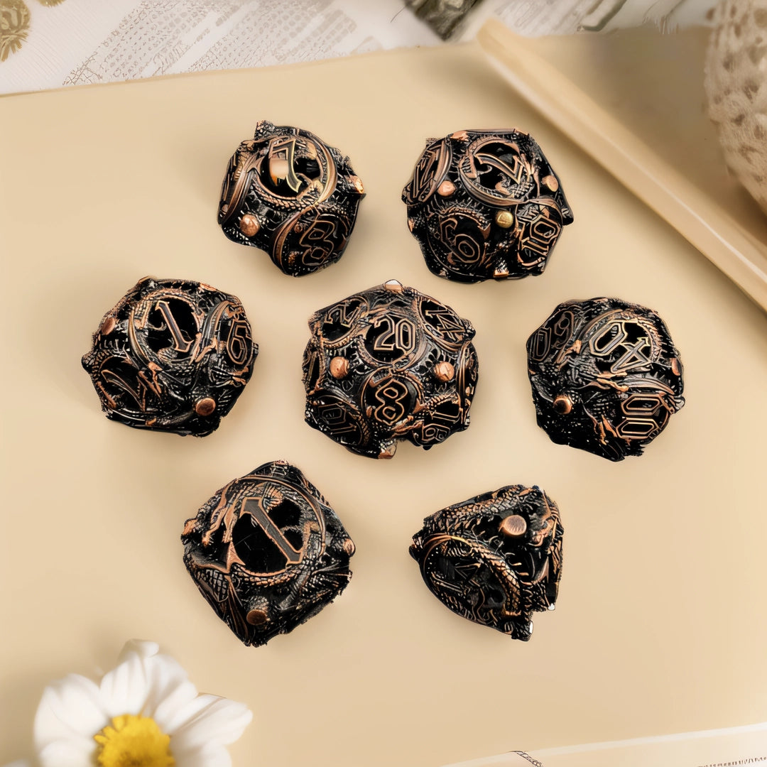 The Sphere of Scaled Fates Rounded Edge Dragon Dice Hollow Metal DND Dice Set Smooth Edged Dice Elven Dice - Bronze