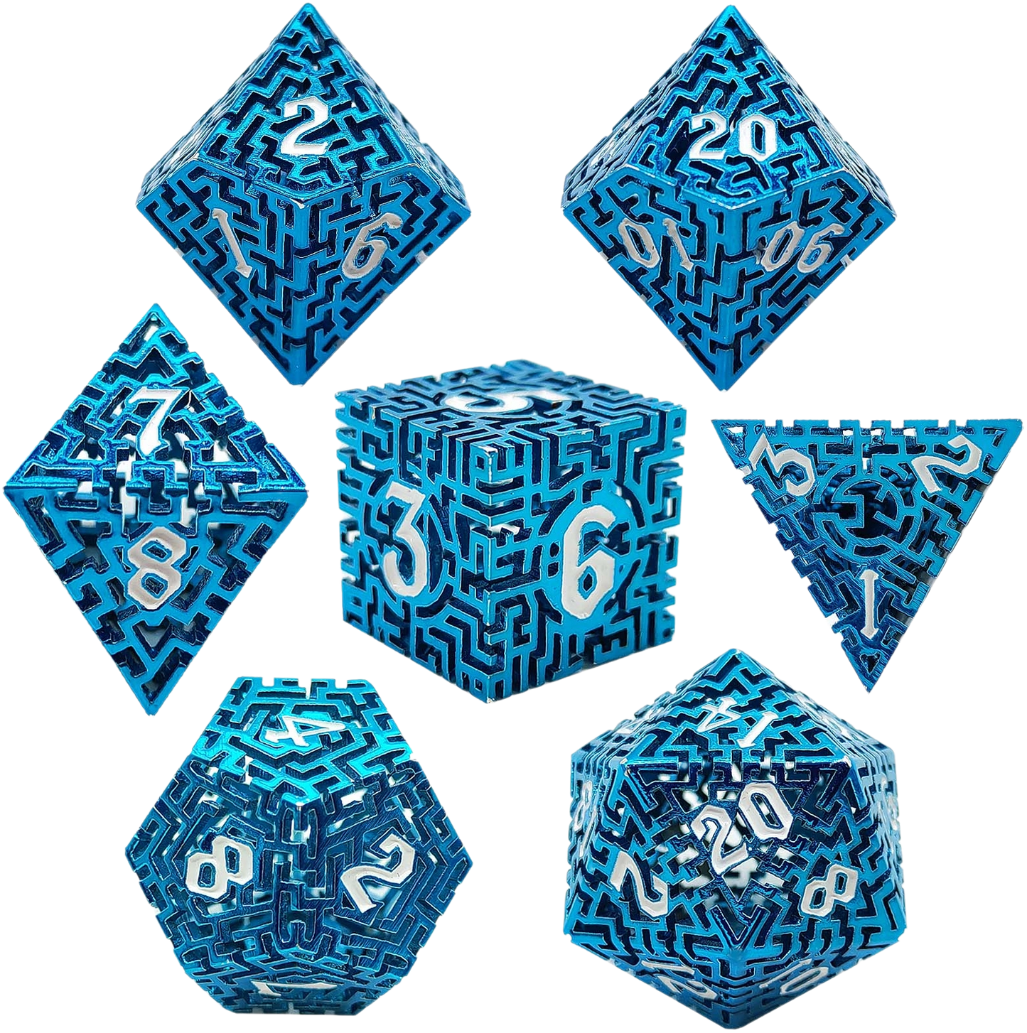 Azure Maze Forge Blue Hollow Metal DND Dice Set