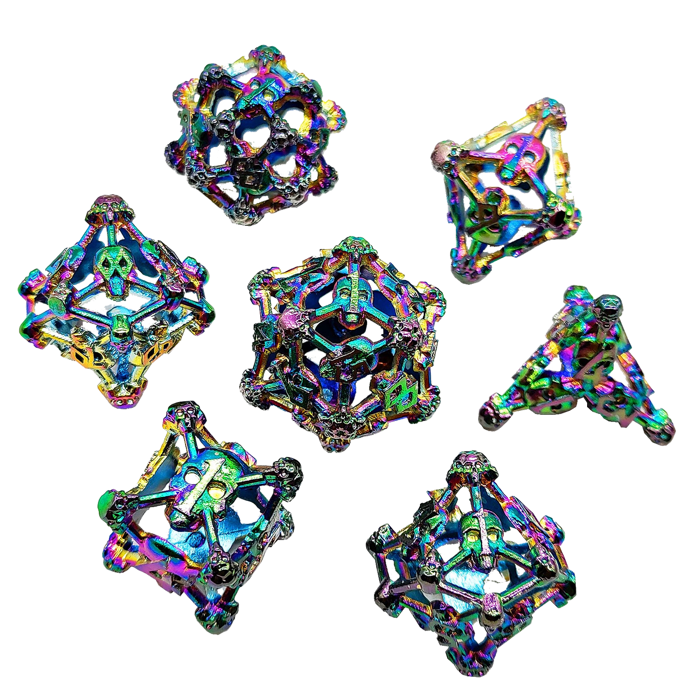 Chromatic Bone Skull Hollow Metal DND Dice Set - Colorful