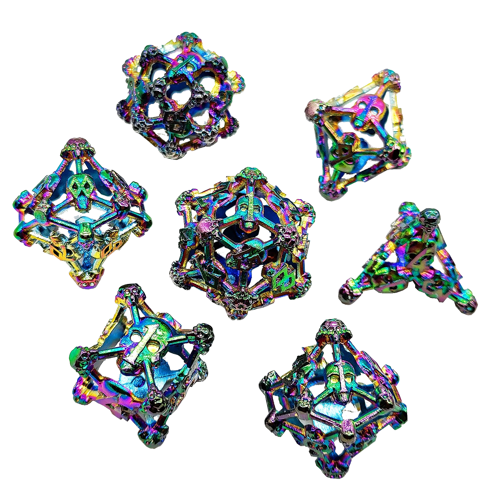 Chromatic Bone Skull Hollow Metal DND Dice Set - Colorful