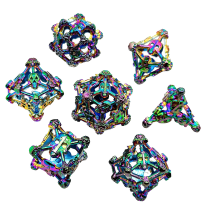 Chromatic Bone Skull Hollow Metal DND Dice Set - Colorful