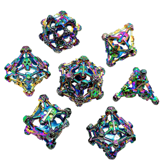 Chromatic Bone Skull Hollow Metal DND Dice Set - Colorful