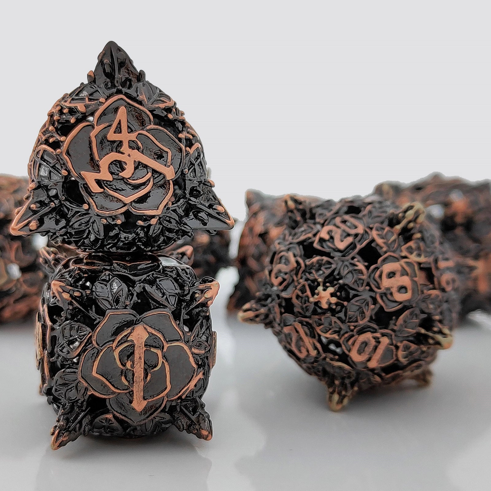 Twilight Bloom Rounded Edge Dragon Dice Hollow Metal DND Dice Set Smooth Edged Dice Elven Dice - Black Bronze