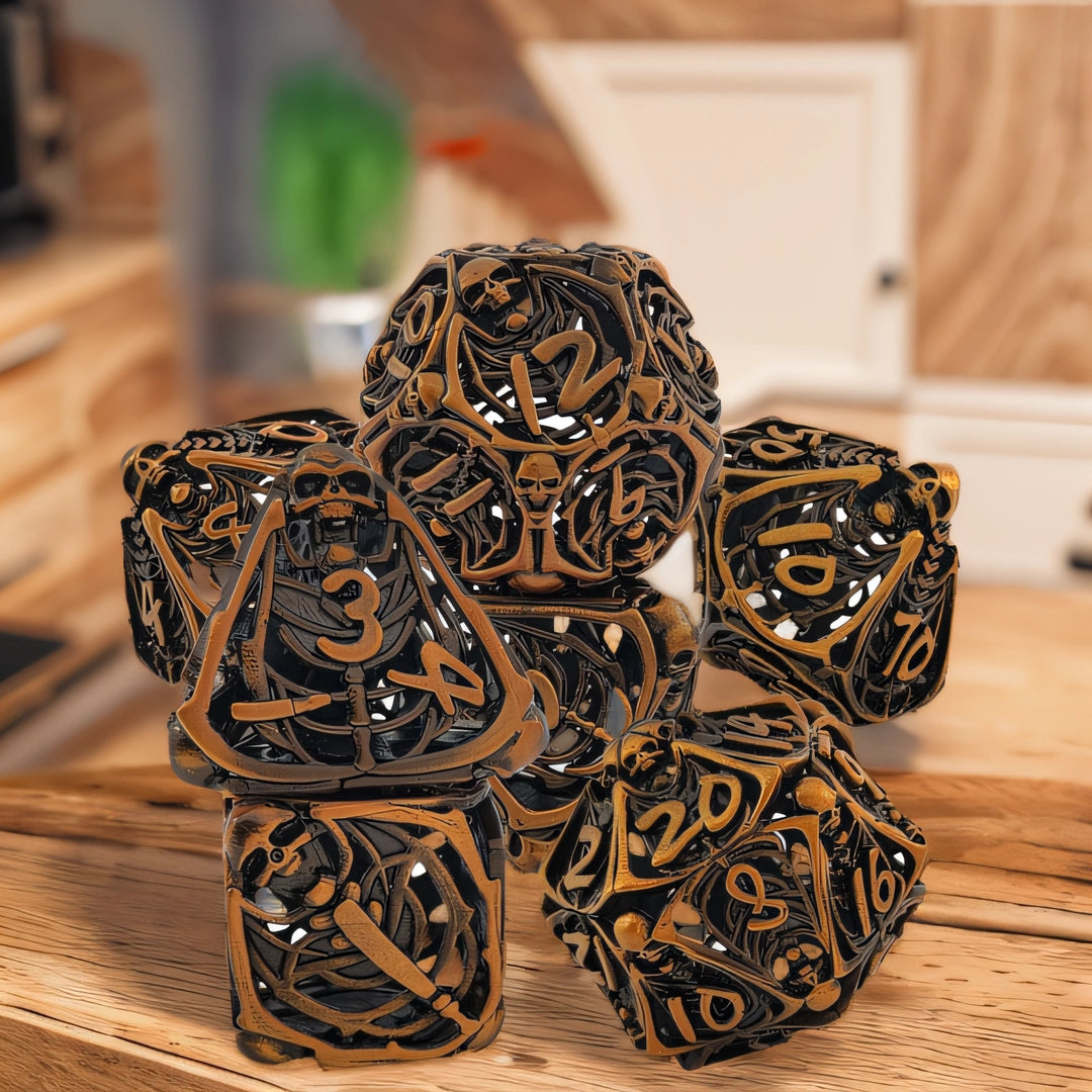 The Spectral Necromancer's Geomancy Rounded Edge Dragon Dice Hollow Metal DND Dice Set Smooth Edged Dice Elven Dice - Bronze