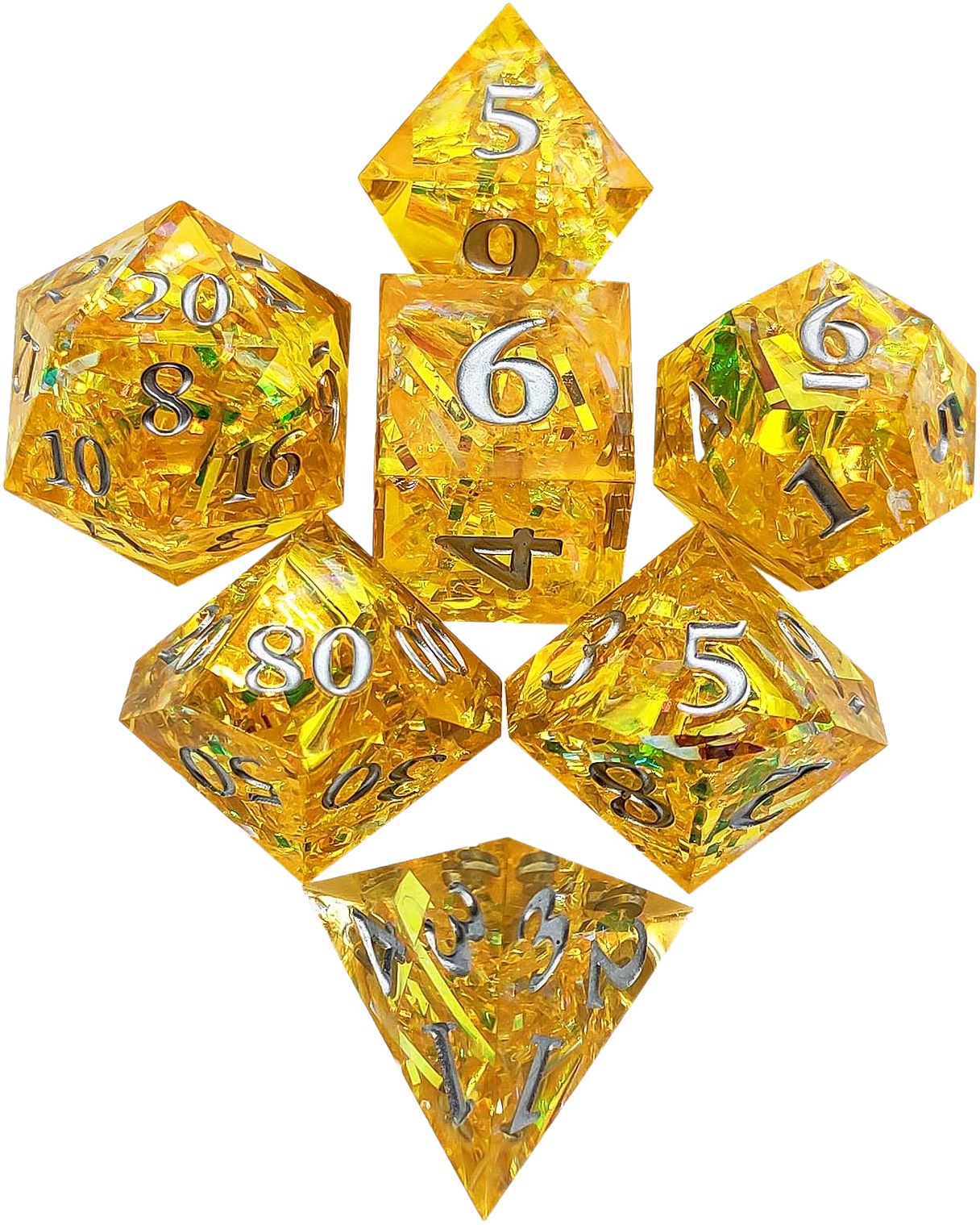 Aurora Ribbon Amber Clarity Sharp Edged Resin Dice Set - Amber Transparent