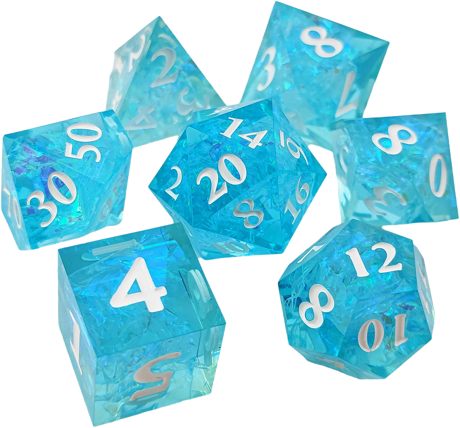 Azure Reflections Sharp Edged Resin Dice Set - Blue Transparent